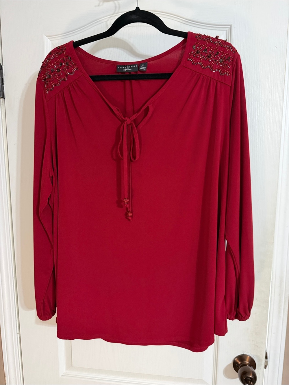 Susan Graver Crimson Red Long-Sleeve Tie-Neck Blouse with Beaded Shoulders